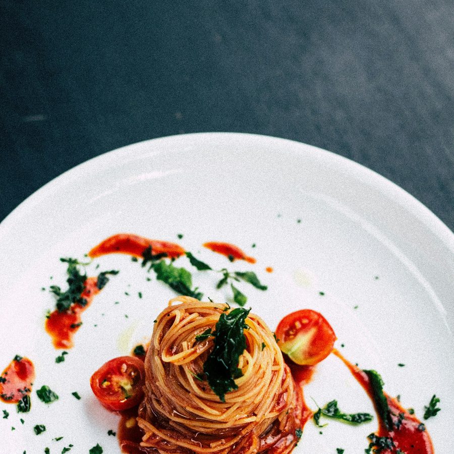 An elegantly plated pasta dish