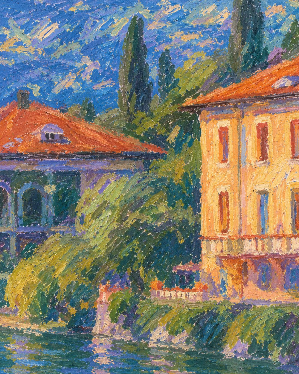 A painting of villas on an Italian lake